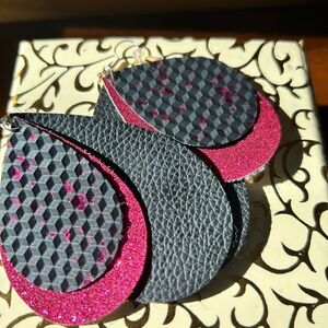 Black and Pink Layered Earrings- leather- handmade-  new- great gift